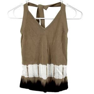 Cyrus Knit Halter Top Colorblock V-Neck Adjustable Stretch Tan White Medium